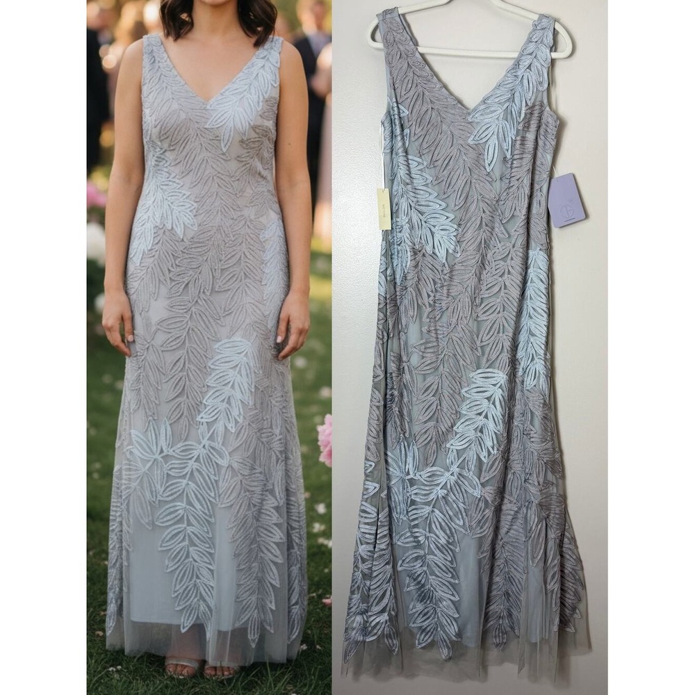 JS Collections Dress 14 Blue Gray Embroidered Ribbon Wedding Guest Formal Gown
